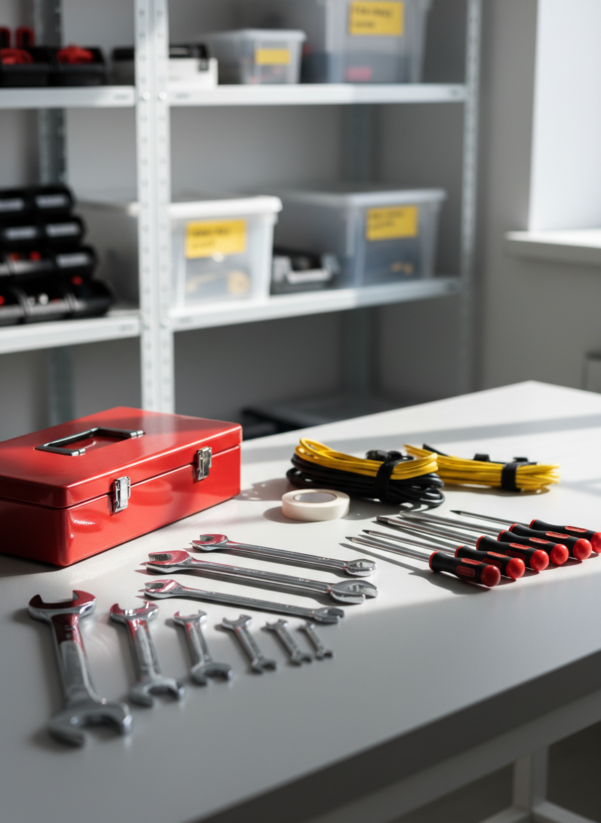 A neatly organized set of professional handyman tools laid out on a clean, light gray workbench in a bright, modern utility room. A red toolbox, chrome wrenches, insulated electrical screwdrivers, plumbing tape, and neatly coiled cables are carefully arranged, with each metal surface showing subtle reflections. Soft daylight enters from an unseen window to the right, casting gentle, directional shadows and creating a crisp, photographic realism. Shot from a slightly elevated angle with sharp focus throughout, the composition feels precise and reliable, emphasizing order and readiness for urgent technical repairs. The background is softly blurred shelving with labeled storage boxes, reinforcing a professional, trustworthy mood suitable for a home repair business in Chișinău.