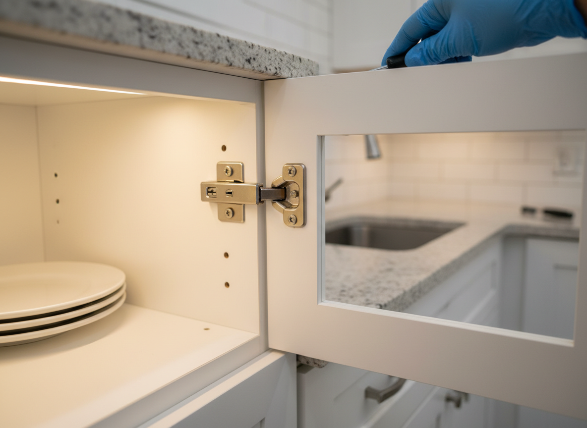 A close-up, detailed view of a white laminated kitchen cabinet door being carefully aligned on its hinges, showing freshly installed soft-close mechanisms, bright zinc-plated screws, and perfectly level edges. The cabinet interior is illuminated by warm under-cabinet LED lighting, casting gentle highlights on the smooth surfaces and subtle shadows beneath the hardware. Photographic realism with a shallow depth of field keeps the hinge area in sharp focus while the rest of the kitchen—light countertops, neatly tiled backsplash, and stainless-steel sink—appears softly blurred. Captured from a slightly low side angle following the cabinet line, the mood emphasizes precision, craftsmanship, and the practicality of small, urgent furniture repairs handled efficiently at home.
