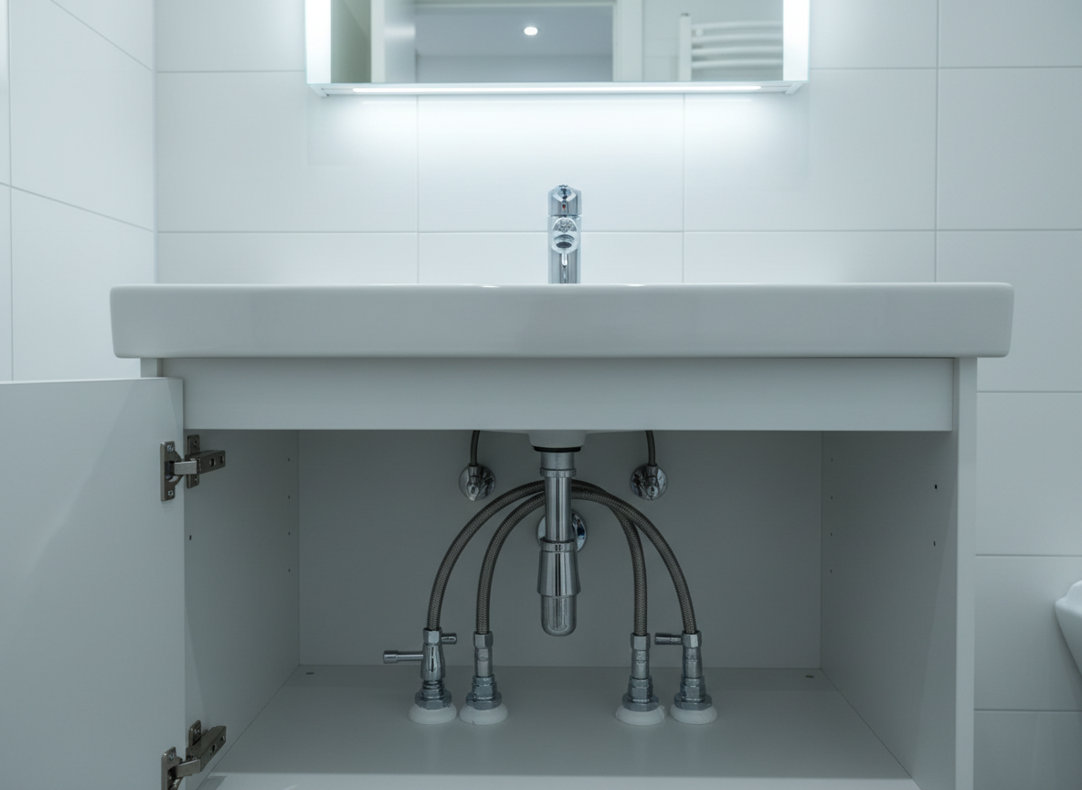 A clean, modern apartment bathroom featuring a white ceramic sink with a sleek chrome faucet, captured mid-drip with a single droplet about to fall into the basin. Freshly replaced flexible hoses, new shut-off valves, and neatly sealed joints beneath the sink are visible through an open cabinet door, emphasizing recent professional repair work. Cool, diffused overhead lighting reflects off the glossy tiles and polished metal, creating soft highlights without harsh shadows. Photographic realism at eye level, with a shallow depth of field that keeps the sink and fittings razor sharp while the tiled wall and mirror in the background gently blur. The atmosphere is calm, safe, and reassuring, communicating successful emergency plumbing service and attention to detail.
