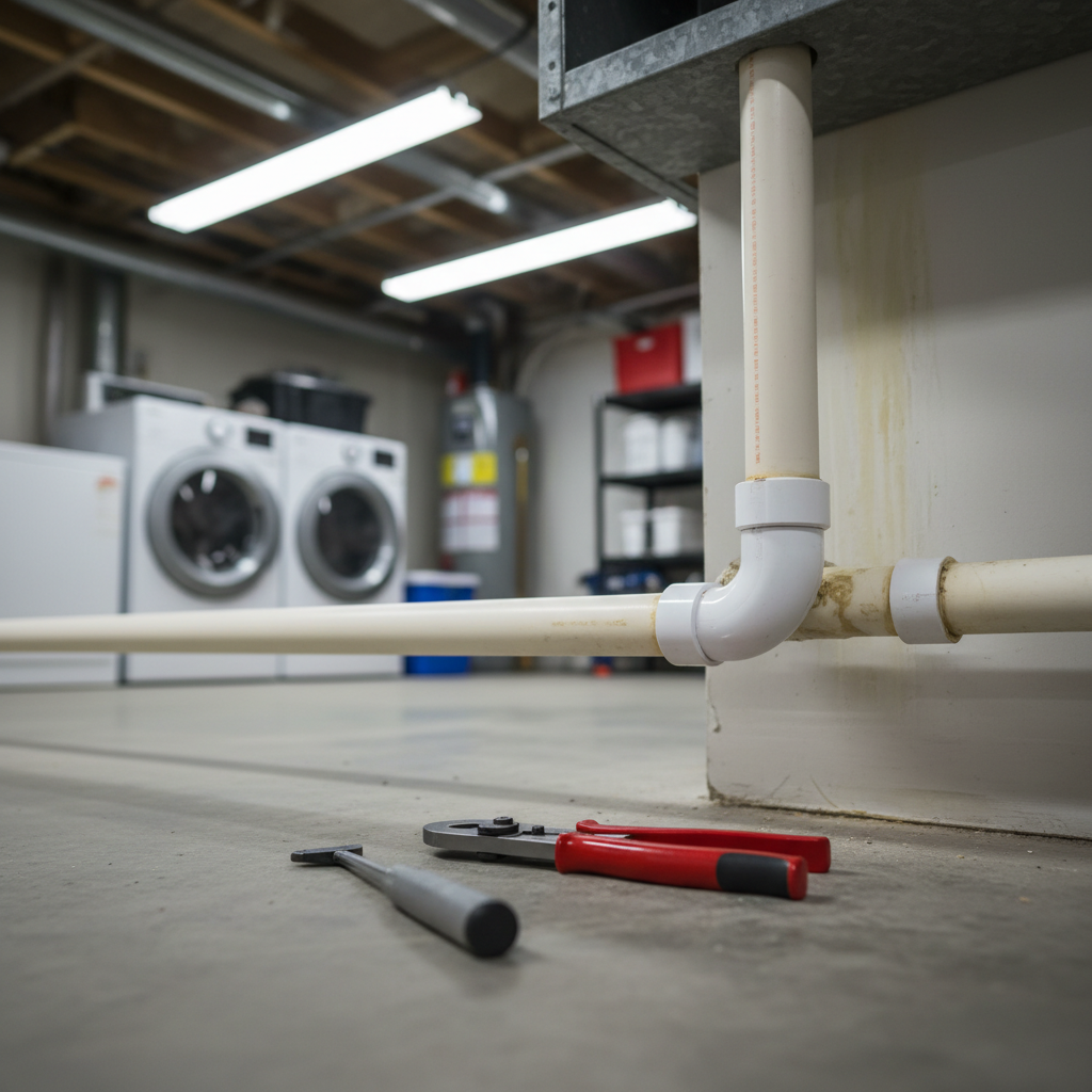 A realistic scene of a small residential utility area where a white PVC drainpipe has just been repaired. A new, clean pipe section with bright, neatly applied solvent weld joints connects seamlessly to older piping, with a professional-grade pipe cutter and deburring tool resting on a nearby concrete floor. Overhead fluorescent lighting creates even, cool illumination, revealing fine textures on the pipe and faint moisture stains on the wall that stop cleanly at the repaired section. Shot from a low, three-quarter angle with moderate depth of field, the composition draws attention to the new joint while the background fades into a soft blur. The atmosphere suggests quick, competent intervention in a minor but urgent drainage problem.