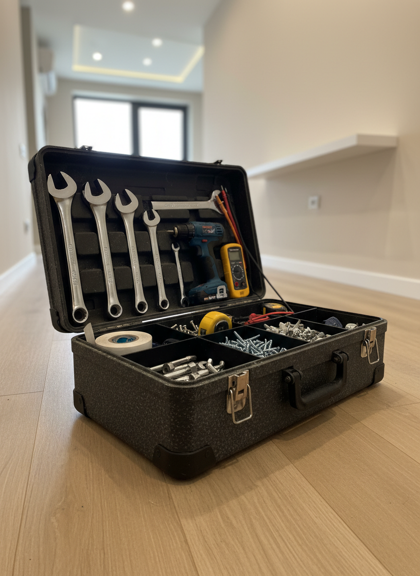 A realistic image of a sturdy, dark gray metal toolbox open on the floor of a bright, freshly renovated hallway in a Chișinău apartment. Inside, compartments hold plumbing keys, Teflon tape, voltage testers, a compact cordless drill, neatly rolled measuring tape, and an assortment of screws and wall plugs. The light oak laminate floor under the toolbox shows subtle grain, and a freshly mounted, perfectly level wall shelf is visible in the softly blurred background. Warm ceiling lighting combines with diffused daylight from a nearby window, creating balanced, inviting illumination and soft, natural shadows. Shot from a low, three-quarter angle, the composition conveys readiness, professionalism, and fast response for a wide range of small home repairs and urgent calls.