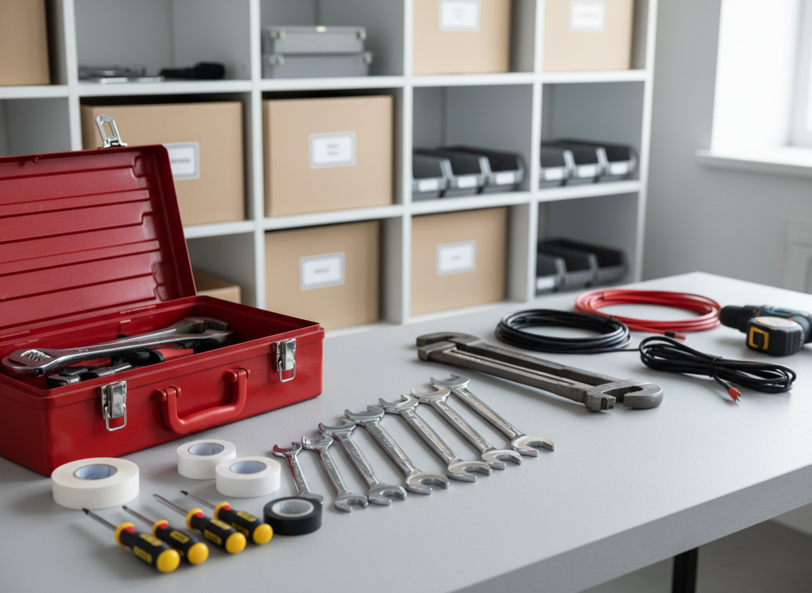 A neatly organized set of professional handyman tools laid out on a clean, light gray workbench in a bright, modern utility room. A red toolbox, chrome wrenches, insulated electrical screwdrivers, plumbing tape, and neatly coiled cables are carefully arranged, with each metal surface showing subtle reflections. Soft daylight enters from an unseen window to the right, casting gentle, directional shadows and creating a crisp, photographic realism. Shot from a slightly elevated angle with sharp focus throughout, the composition feels precise and reliable, emphasizing order and readiness for urgent technical repairs. The background is softly blurred shelving with labeled storage boxes, reinforcing a professional, trustworthy mood suitable for a home repair business in Chișinău.