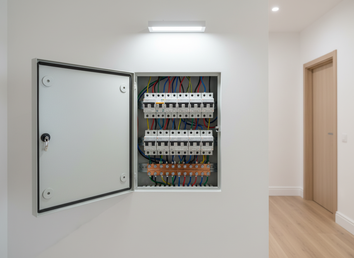 A compact electrical panel mounted on a smooth white interior wall, its metal door open to reveal orderly rows of labeled breakers, freshly tightened connections, and neatly routed insulated wires. The panel surface is clean, with no dust or damage, reinforcing a sense of recent professional maintenance. Neutral overhead LED lighting illuminates the scene evenly, creating a clear, shadow-free view of every component. Shot straight-on with a centered composition and photographic realism, the image feels technical yet accessible. In the slightly blurred background, a hint of a modern hallway with light wooden flooring adds context of a residential setting in Chișinău, conveying safety, reliability, and fast response to electrical emergencies.