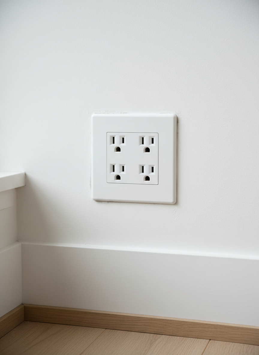 A detailed, close-up view of a modern white wall with a newly installed double electrical outlet, featuring pristine, aligned sockets with child-safe shutters and a perfectly centered faceplate. The matte plastic surface contrasts subtly with the slightly textured, freshly patched and painted wall, where no repair seams are visible. Soft, natural window light from the left creates delicate shadows around the outlet edges, emphasizing precision and cleanliness. Photographic realism at eye level, framed using the rule of thirds, with a blurred suggestion of light wooden flooring and a baseboard below. The mood is secure and orderly, evoking confidence in professional, on-call electricians handling small but critical repairs in homes and apartments.